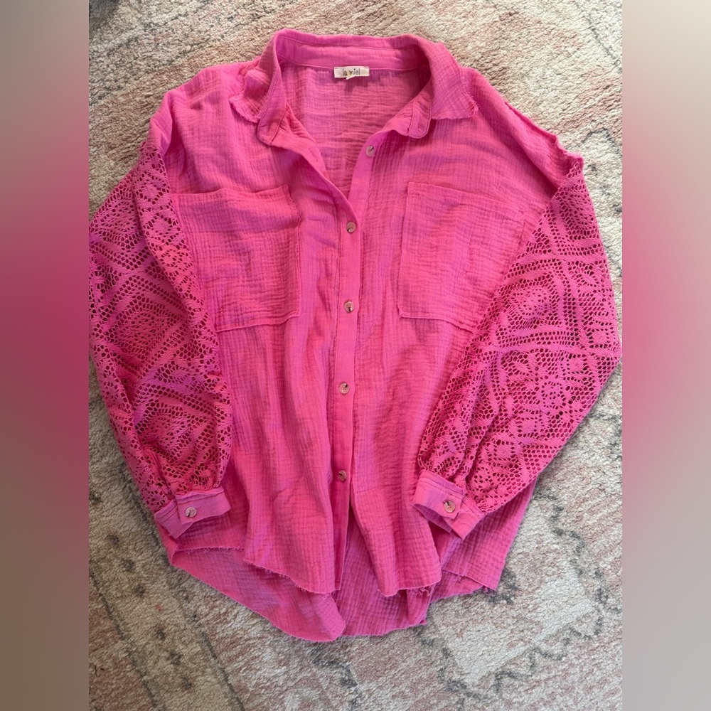 Crochet Sleeve Gauze Button Down Shirts Easter Day oversized smal boho western - Picture 3 of 8